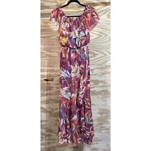 Express Women Maroon Floral Maxi Dress XS Ruffle High Low Flowy Fairy Festival